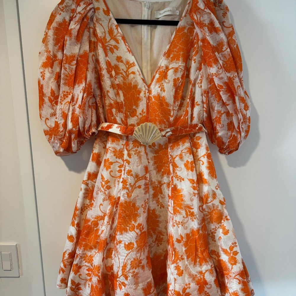 ZIMMERMANN Postcard Silk-Linen Puff Sleeve Mini Dress Size 1